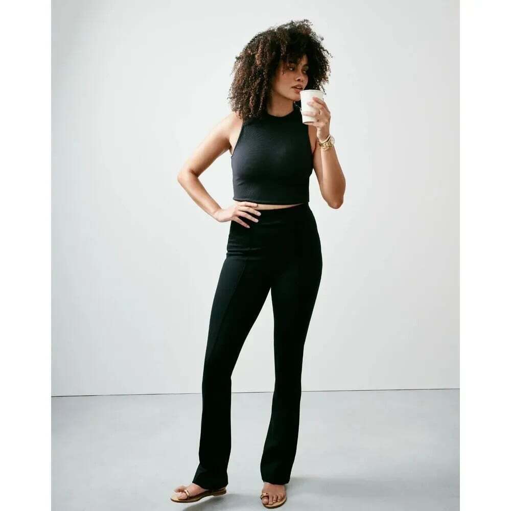 SPANX Supersmooth Size M Black Flare Leg Ponte Pants Pull On Front Seam Career